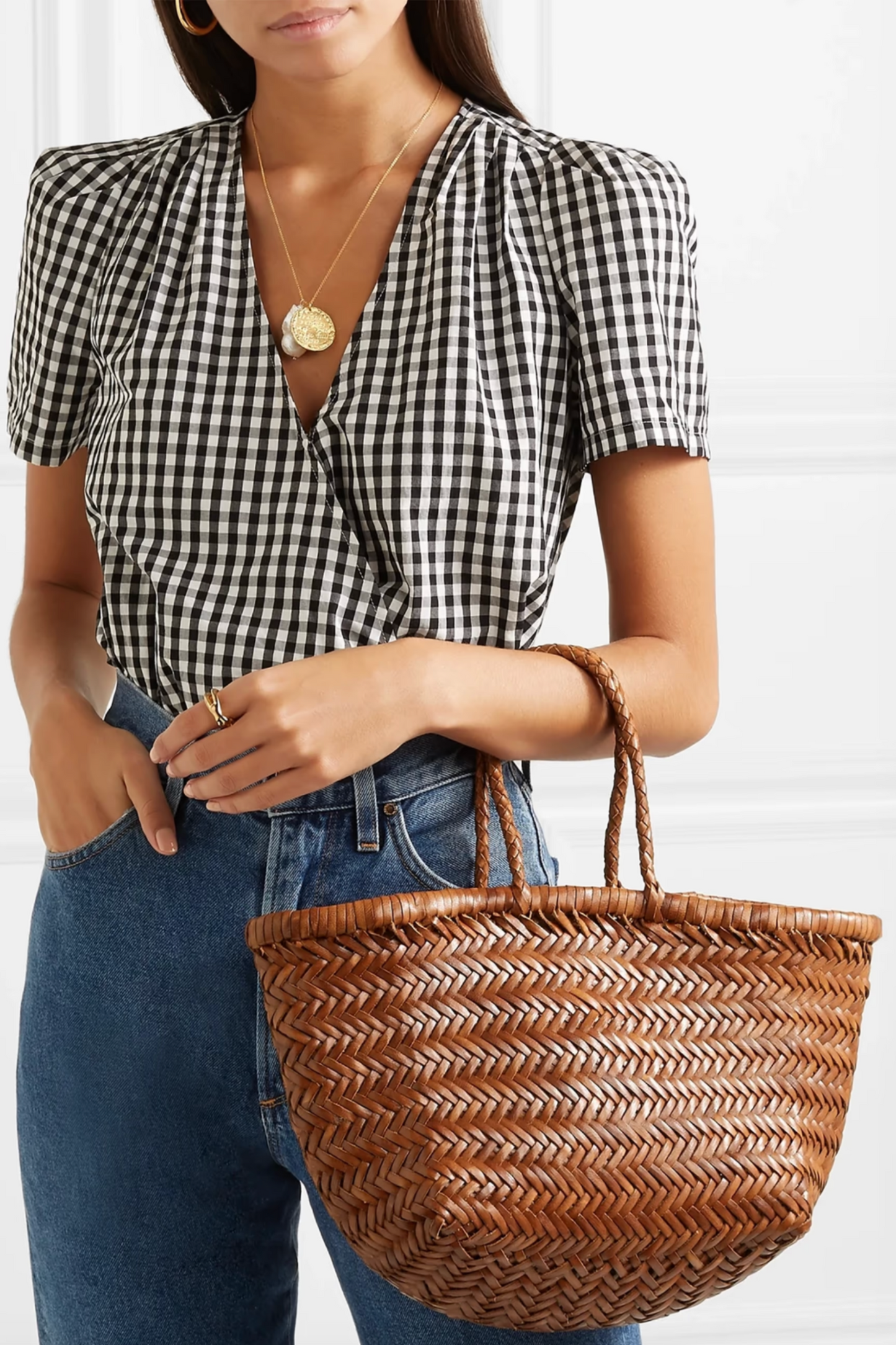 Bamboo Triple Jump Small Woven Leather Tote in Tan