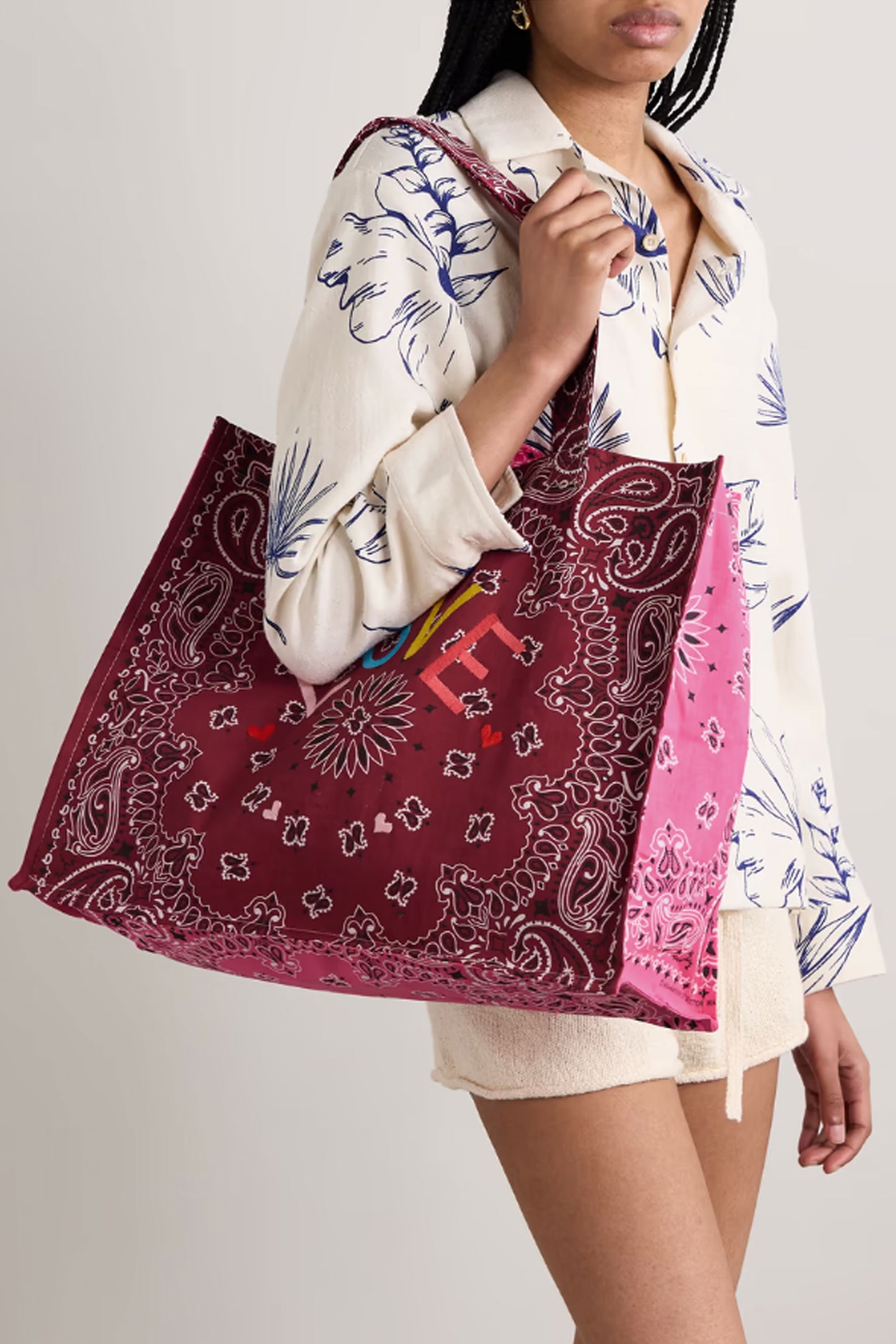 Maxi Cabas Embroidered Reversible Paisley-Print Cotton-Poplin Tote