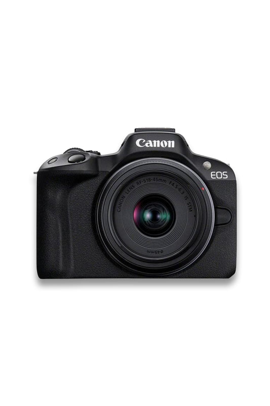 EOS R50 Compact System Camera with RF-S 18-45mm Zoom Lens, 4K Ultra HD, 24.2MP, Wi-Fi, Bluetooth, OLED EVF, 3” Vari-Angle Touch Screen