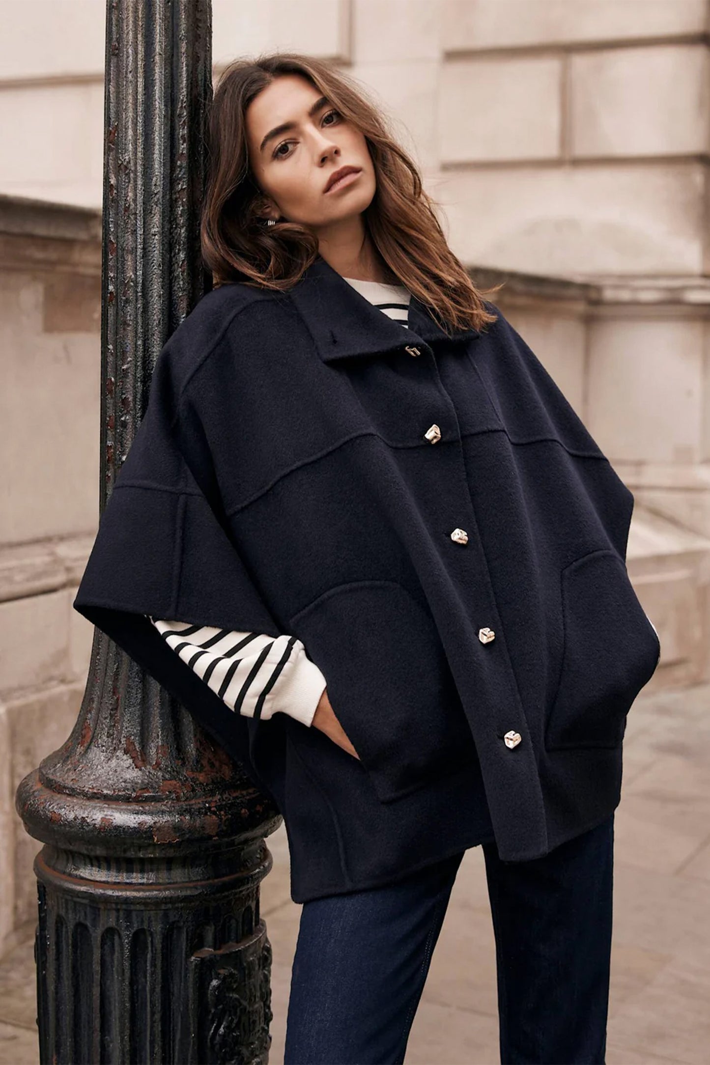 Navy Wool Blend Cape