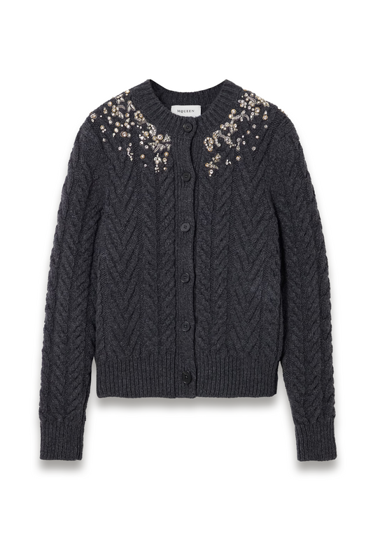 Crystal-embellished Cable-knit Wool and Cashmere-blend Cardigan