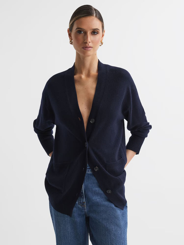 Wool Blend Button-Through Cardigan in Navy