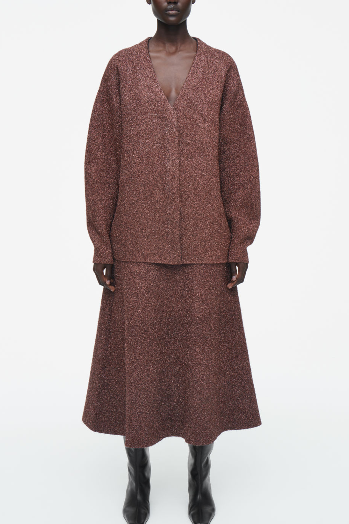 Sparkly Merino Wool Cardigan and Midi Skirt