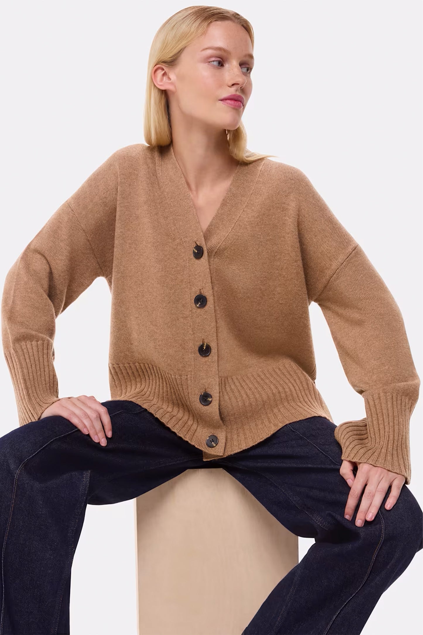 Camel Cashmere Blend Ribbed Cardigan