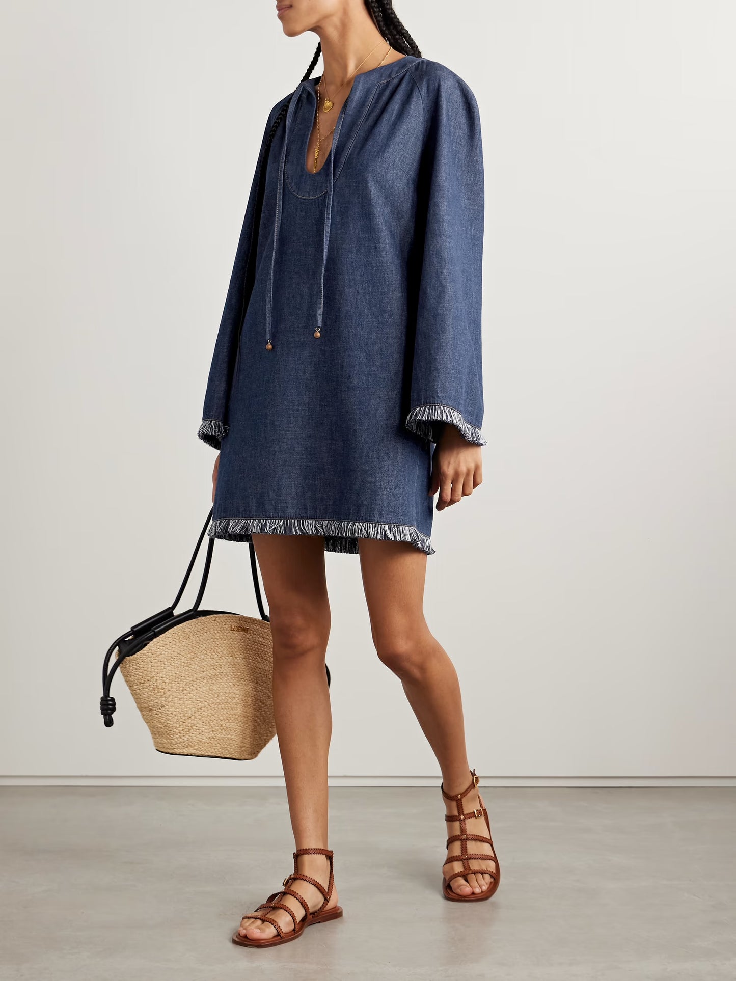 Rhiannon Tie-Detailed Frayed Denim Mini Dress