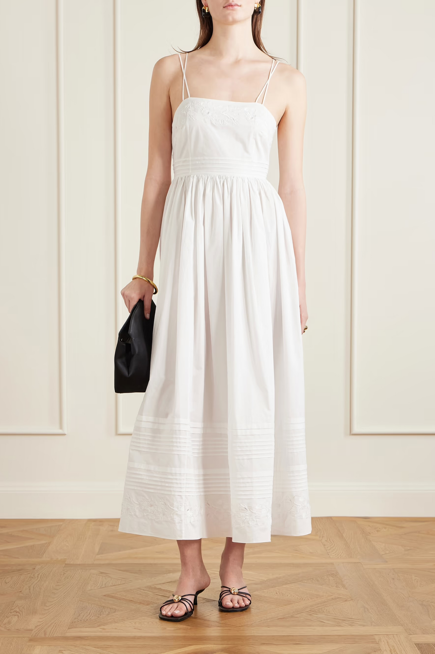 Chamomile Pintucked Embroidered Cotton-poplin Midi Dress