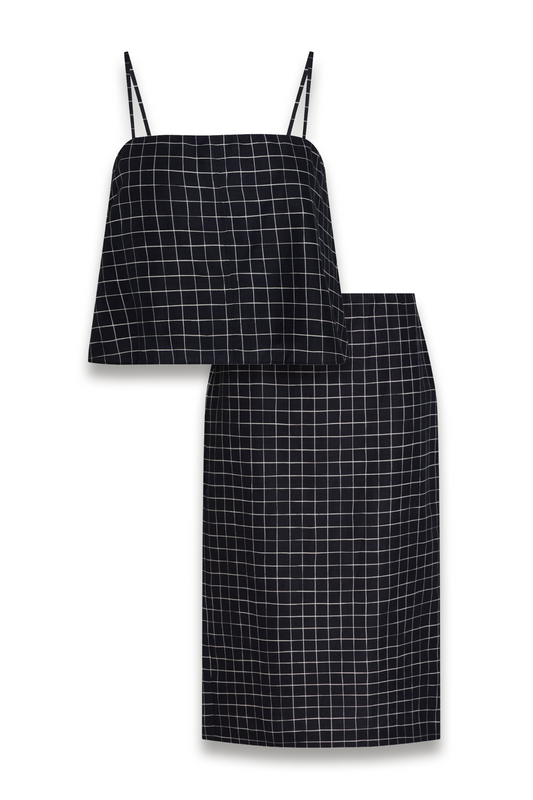 Convertible Cropped Checked Woven Top and Pencil Skirt