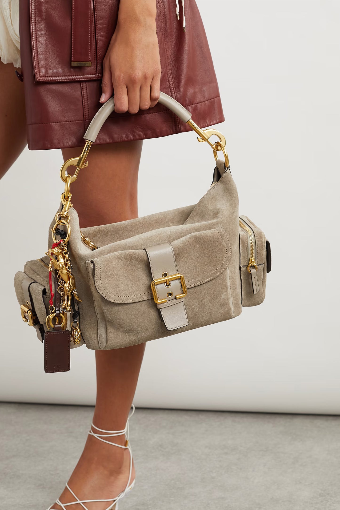 Camera Leather-Trimmed Suede Shoulder Bag