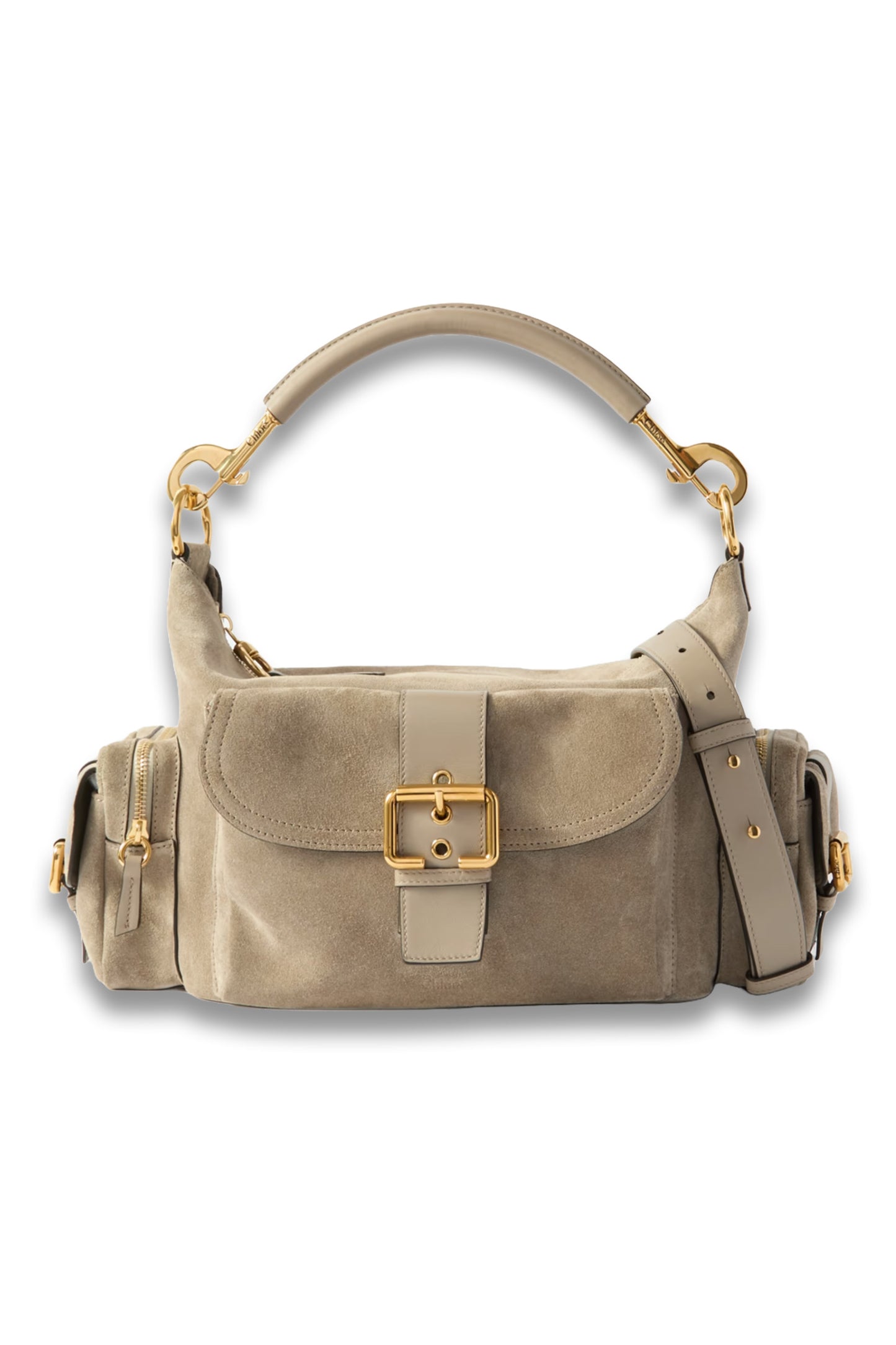 Camera Leather-Trimmed Suede Shoulder Bag