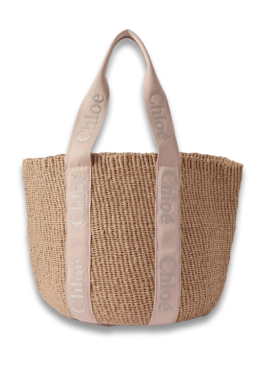 Woody Large Leather-trimmed Raffia Tote