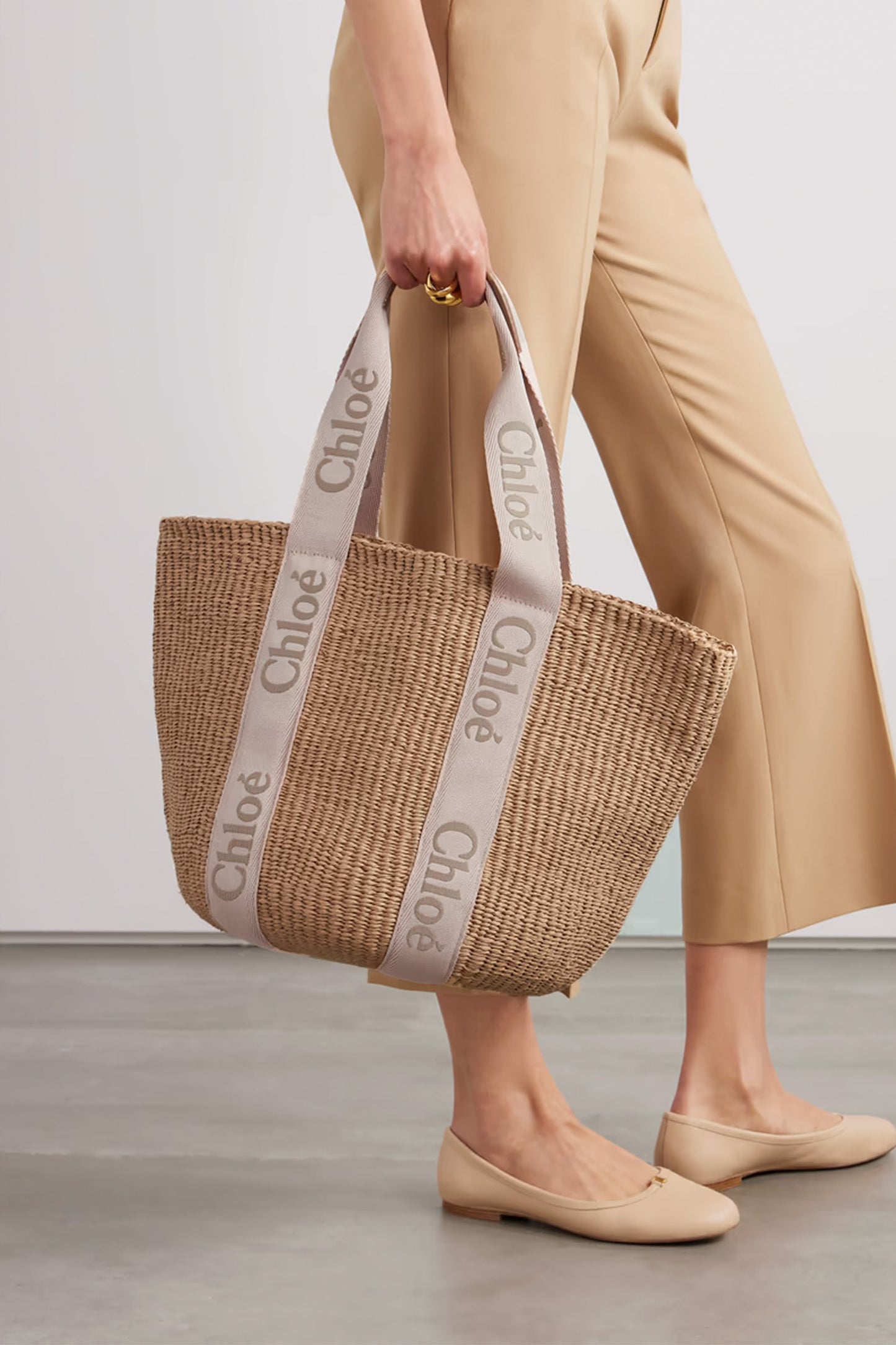 Woody Large Leather-trimmed Raffia Tote