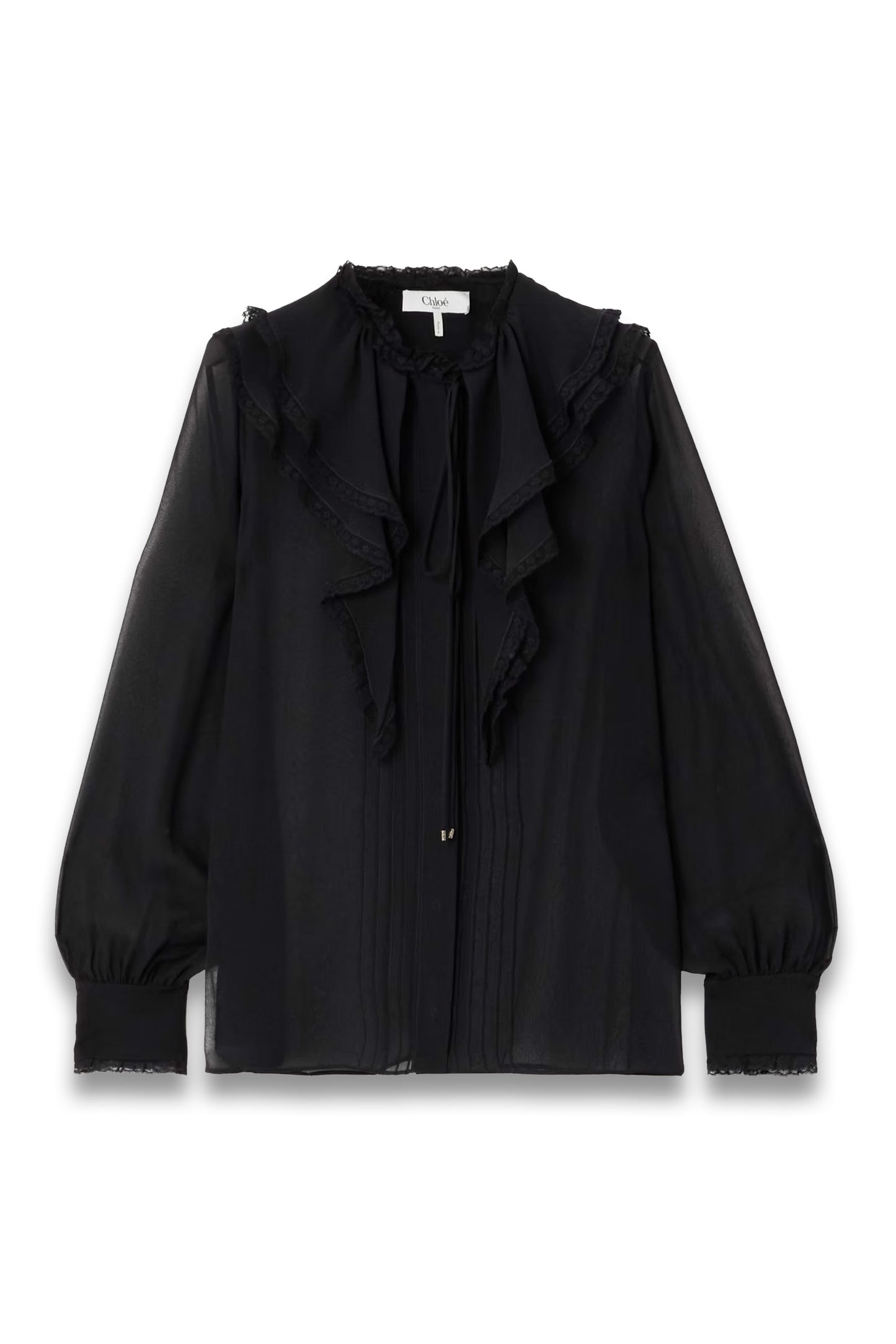 Lace-trimmed pleated silk-chiffon blouse