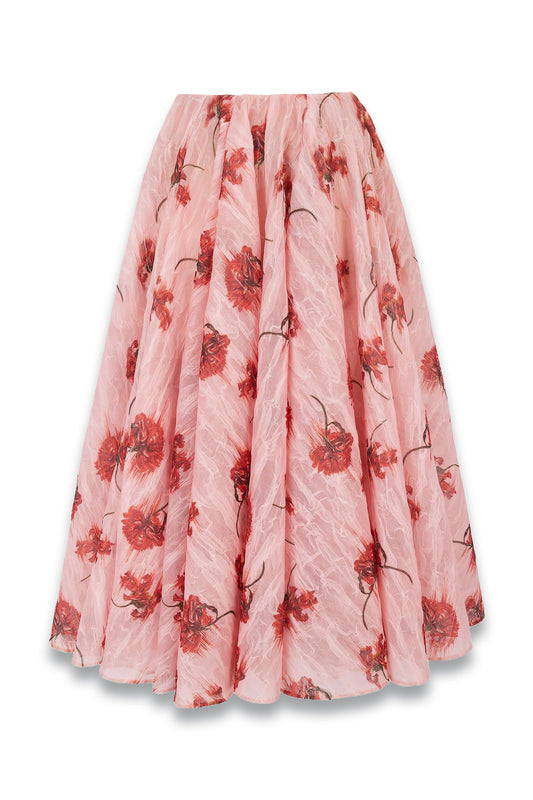 Circeii Skirt In Coral Floral Print On Pink Textured Organza