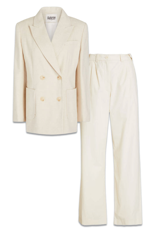 Double-breasted Cotton And Linen-blend Gabardine Blazer & Pleated Cotton-poplin Straight-leg Pants