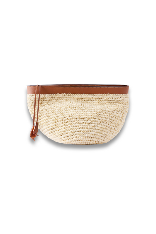 Leather-trimmed Raffia Clutch