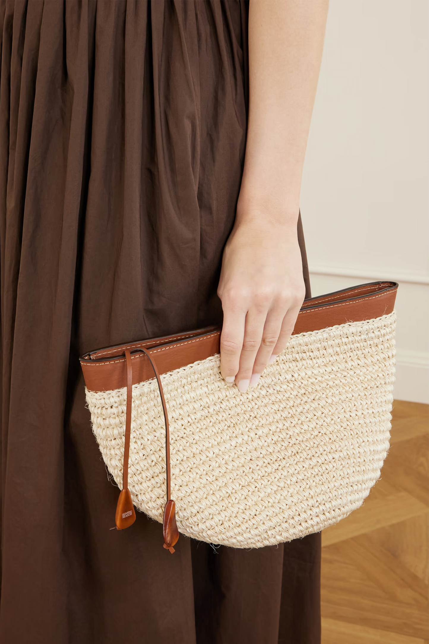Leather-trimmed Raffia Clutch
