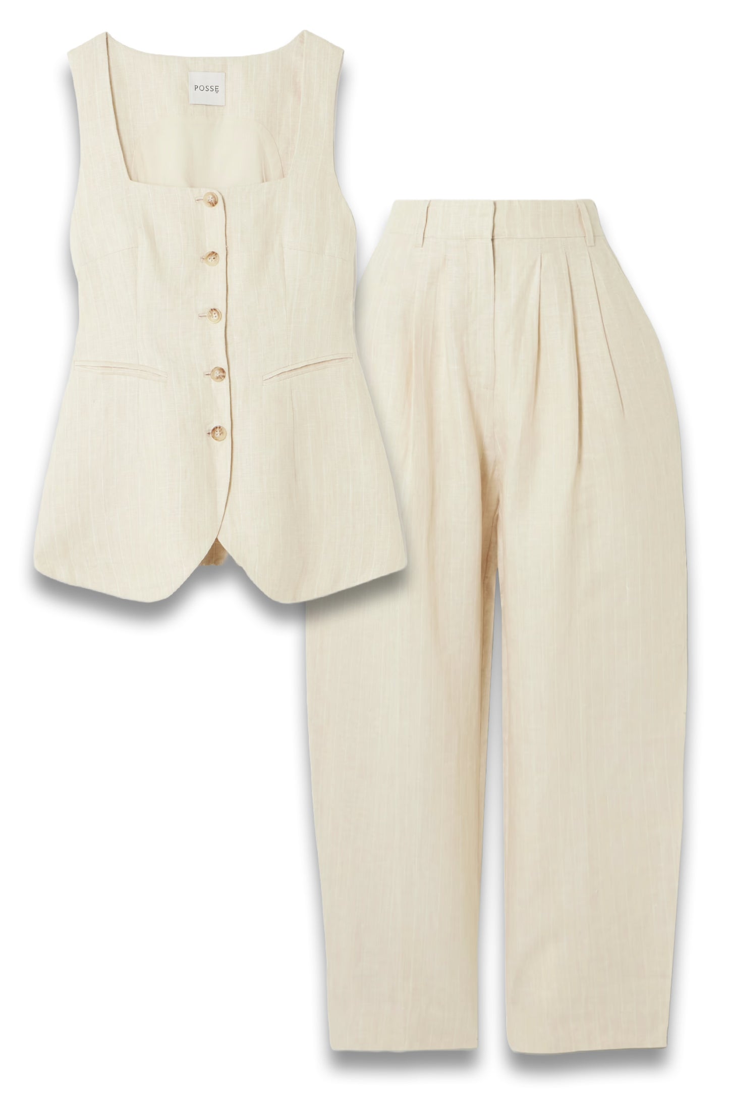 Lucille Pinstriped Linen Vest and Pleated Straight-leg Pants Set