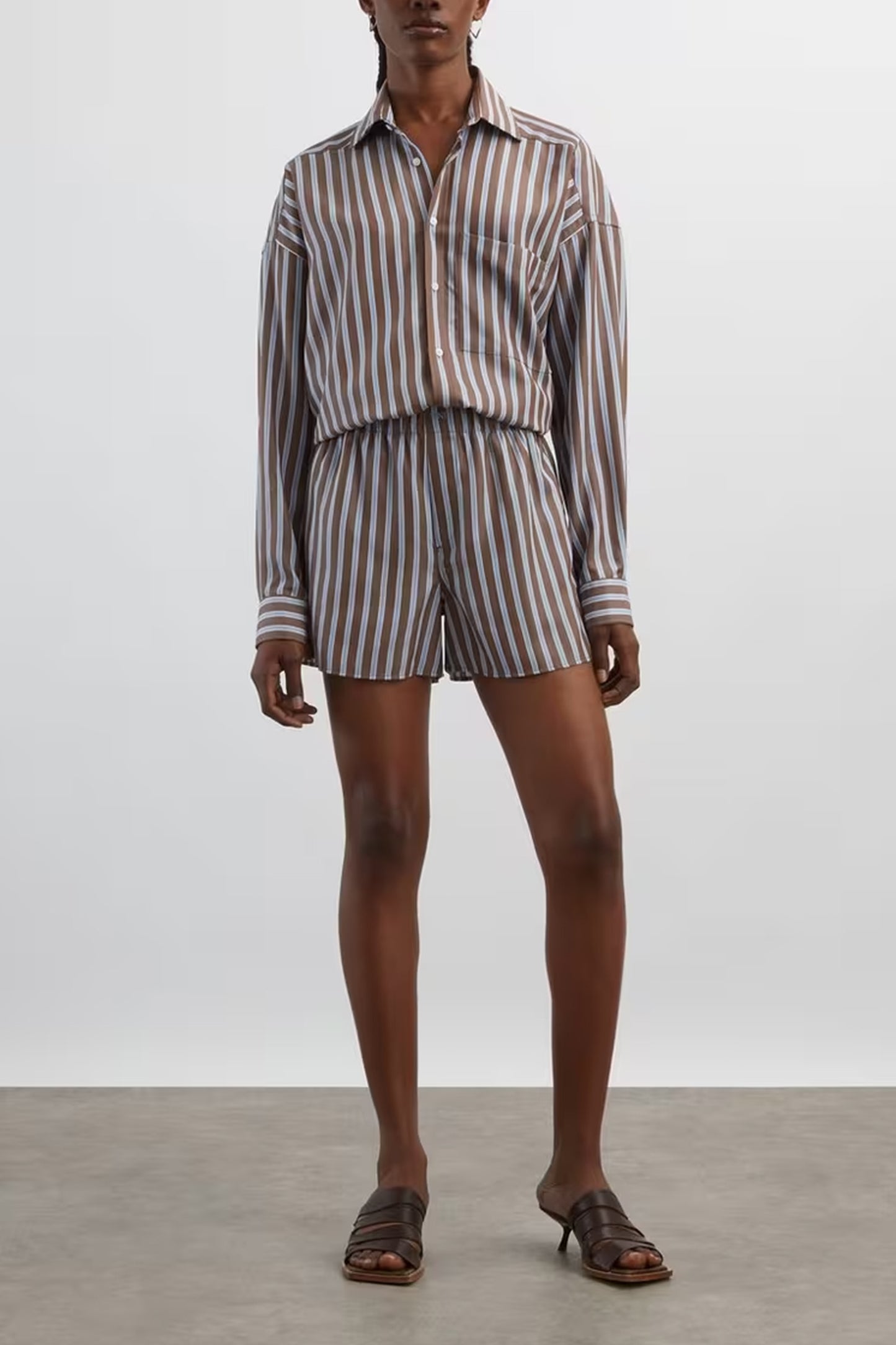The Weekend Mocha Multi-Stripe Shirt and The Boxer Mocha Multi-Stripe Shorts