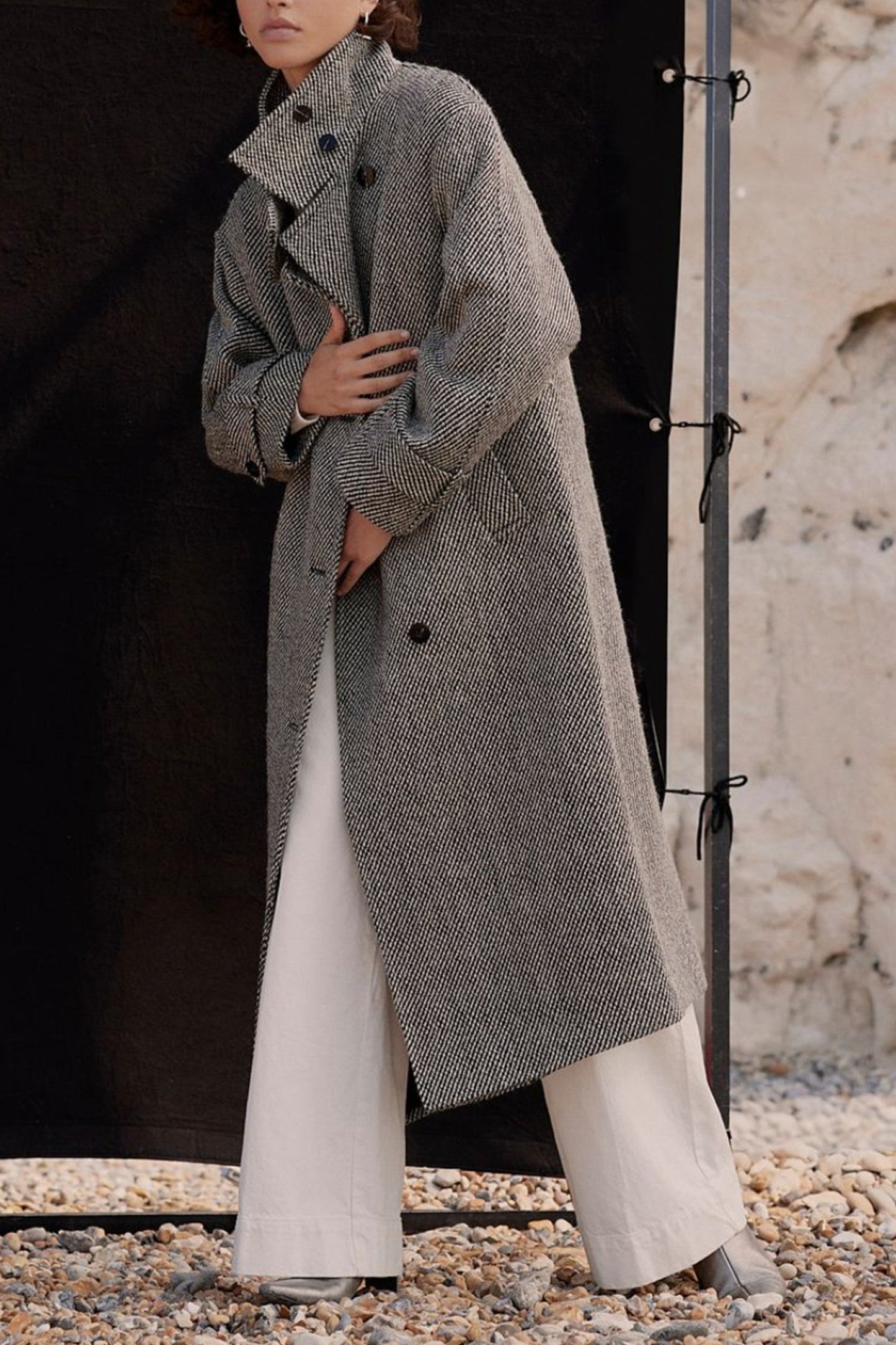 Black Textured Funnel Neck Coat