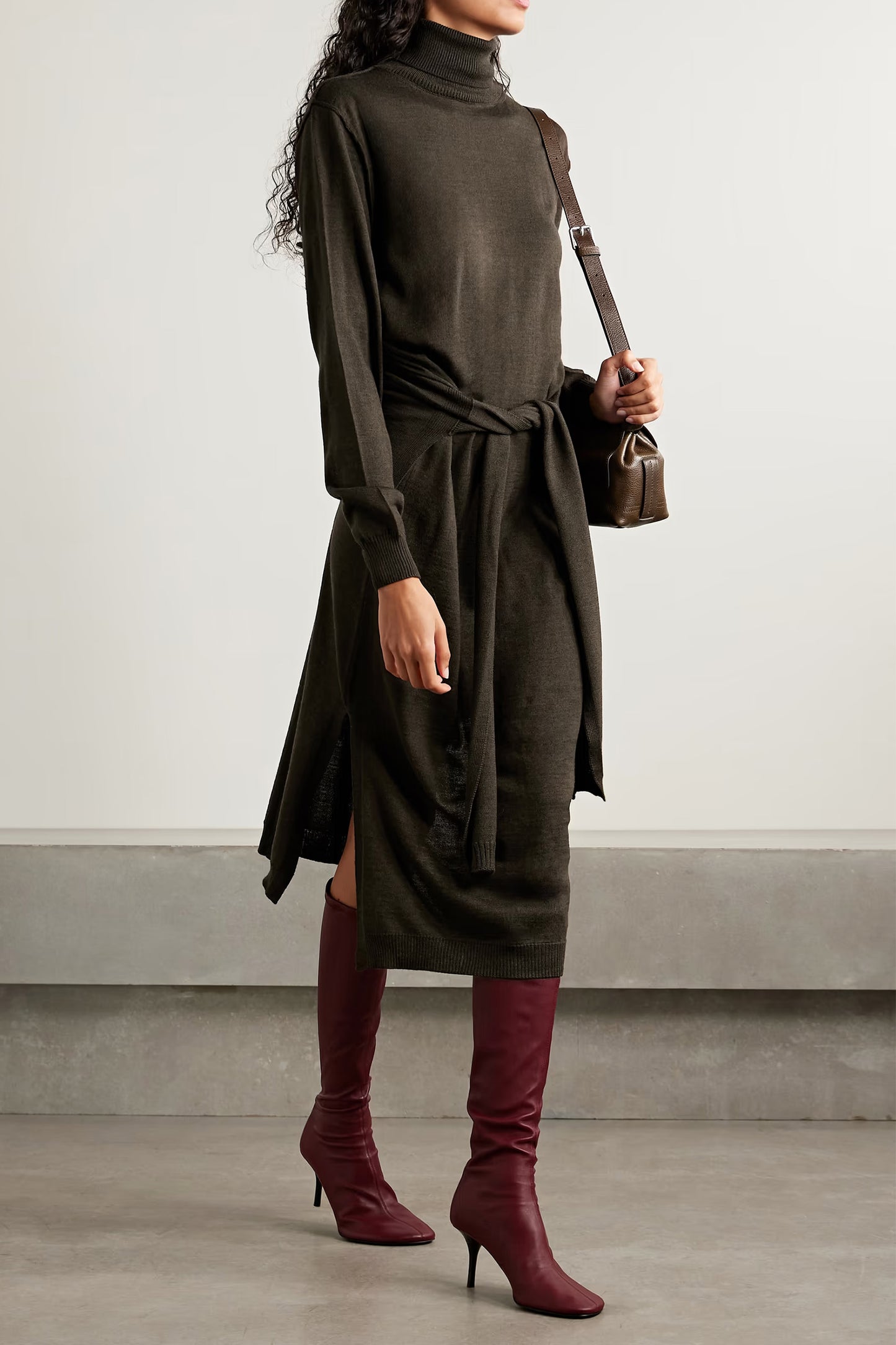 Belted Wool-blend Turtleneck Midi Dress