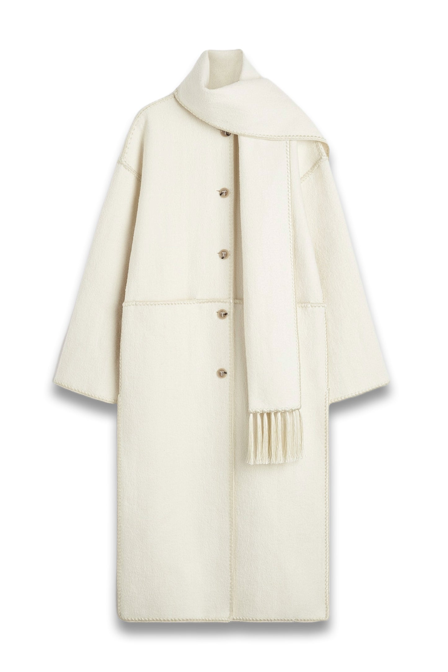 Embroidered Scarf Coat Off White