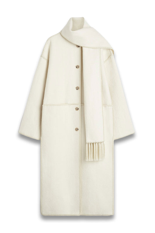 Embroidered Scarf Coat Off White