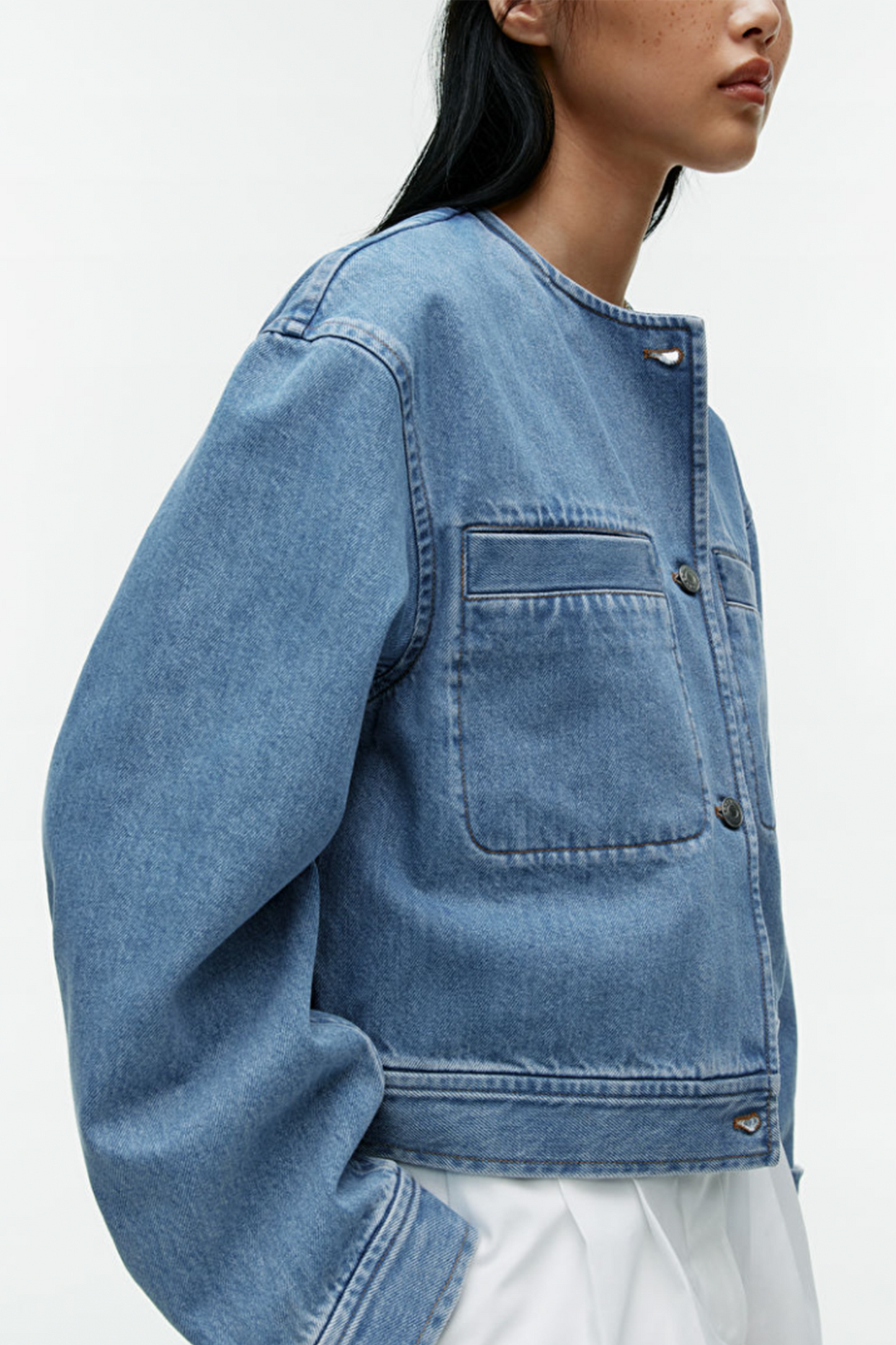 Collarless Mid Blue Denim Jacket