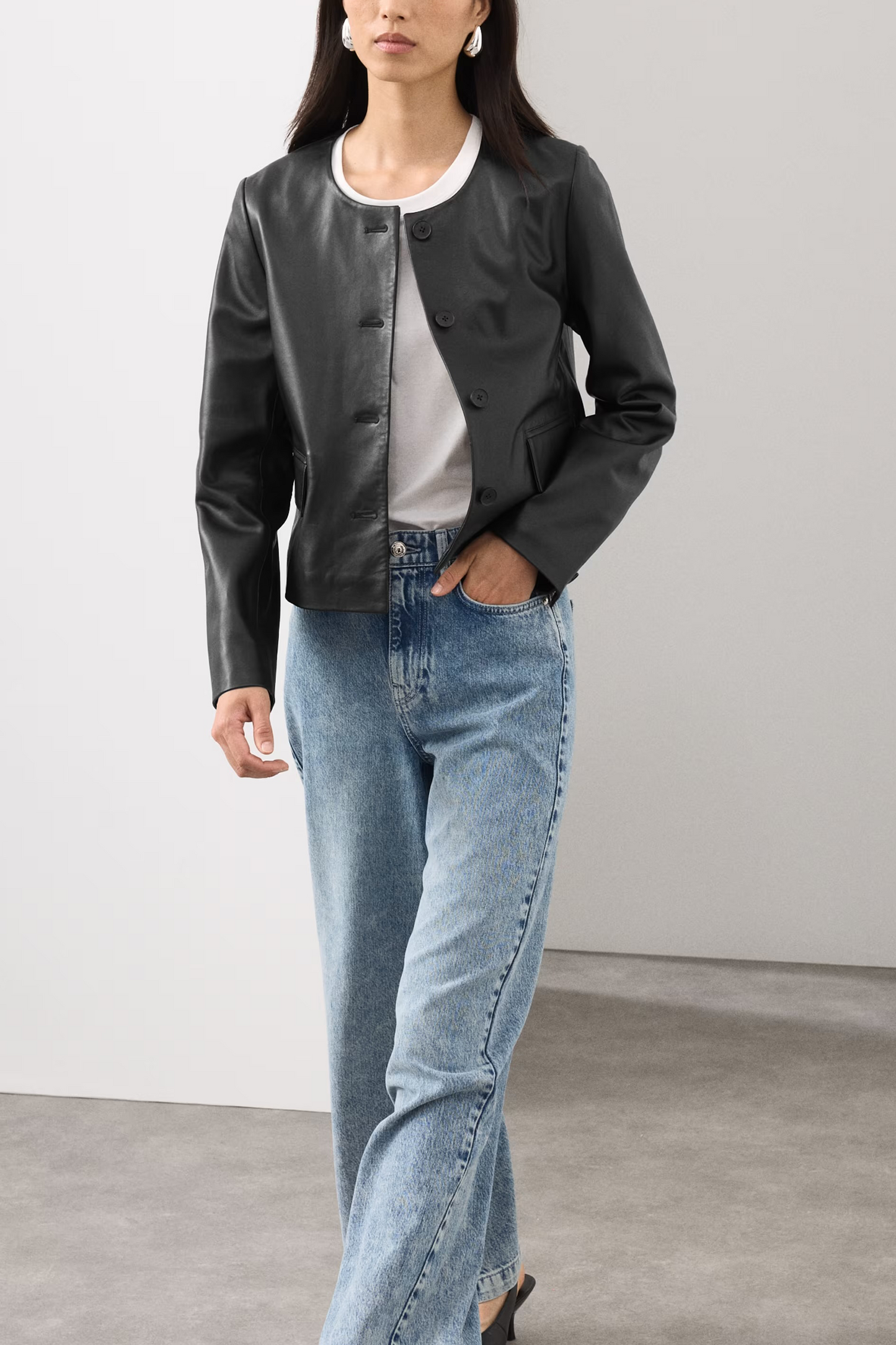 Leather Collarless Jacket