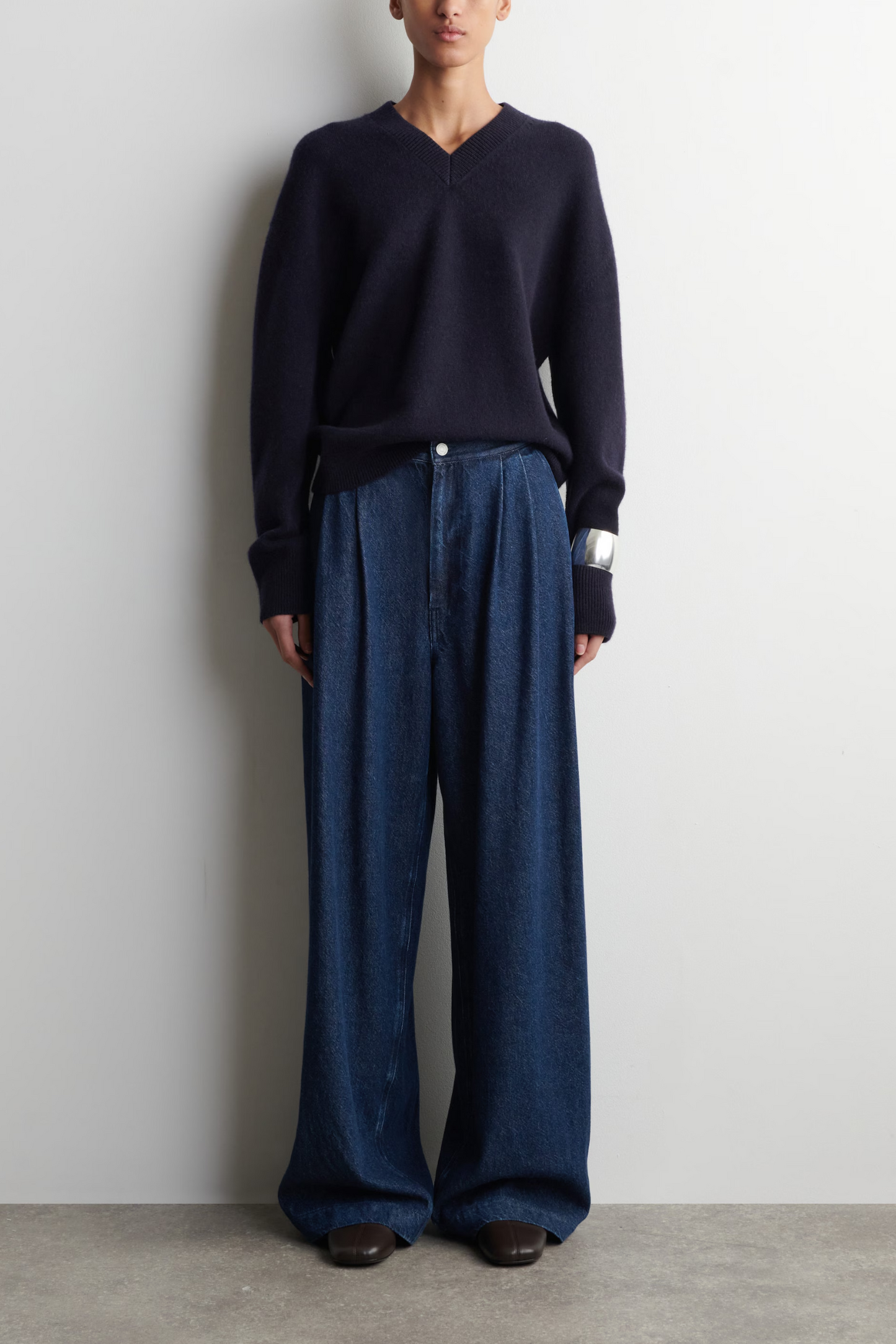 Pleated Wide-leg Denim Trousers
