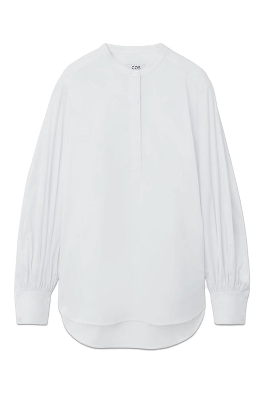 Gathered Grandad-Collar Blouse