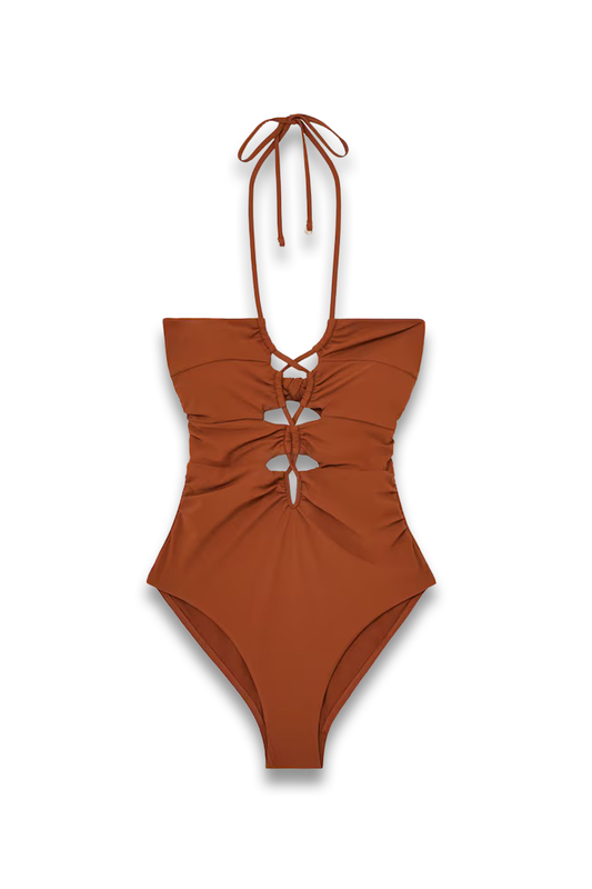 Rosella Ruched Cut-Out Swimsuit In Tan