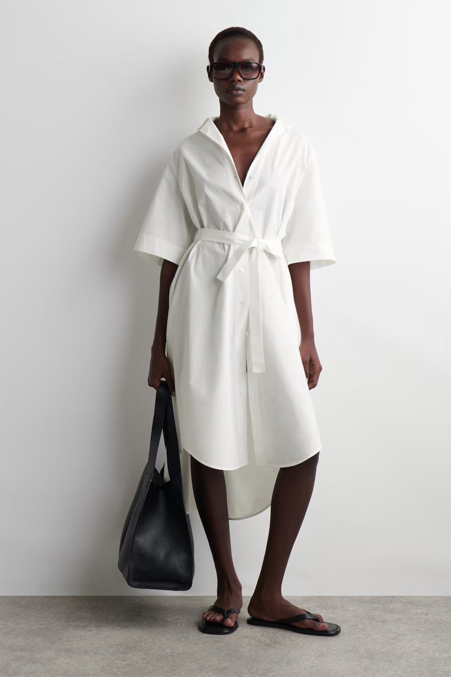 Belted Short-Sleeved Midi Shirt Dress