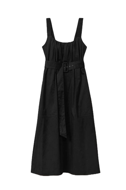 Cotton Ruched Strap Belted Midi Dress