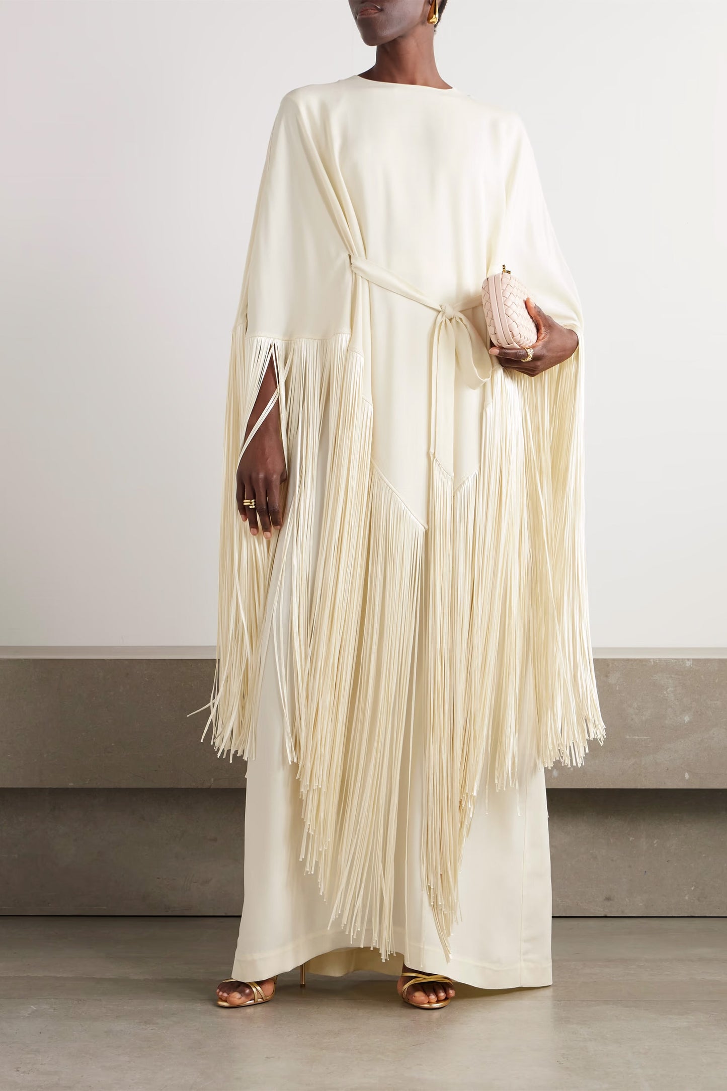 Draped fringed crepe kaftan