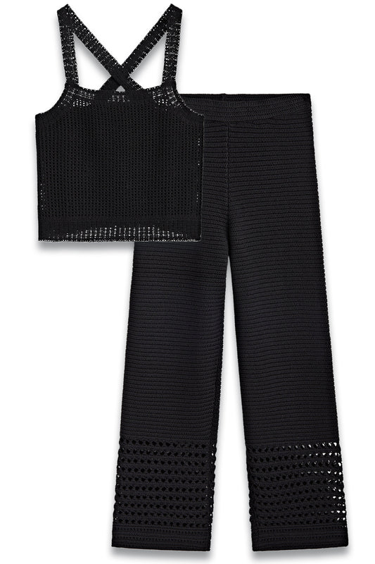 Crochet Top With Crossover Back and Crochet Knit Trousers Set