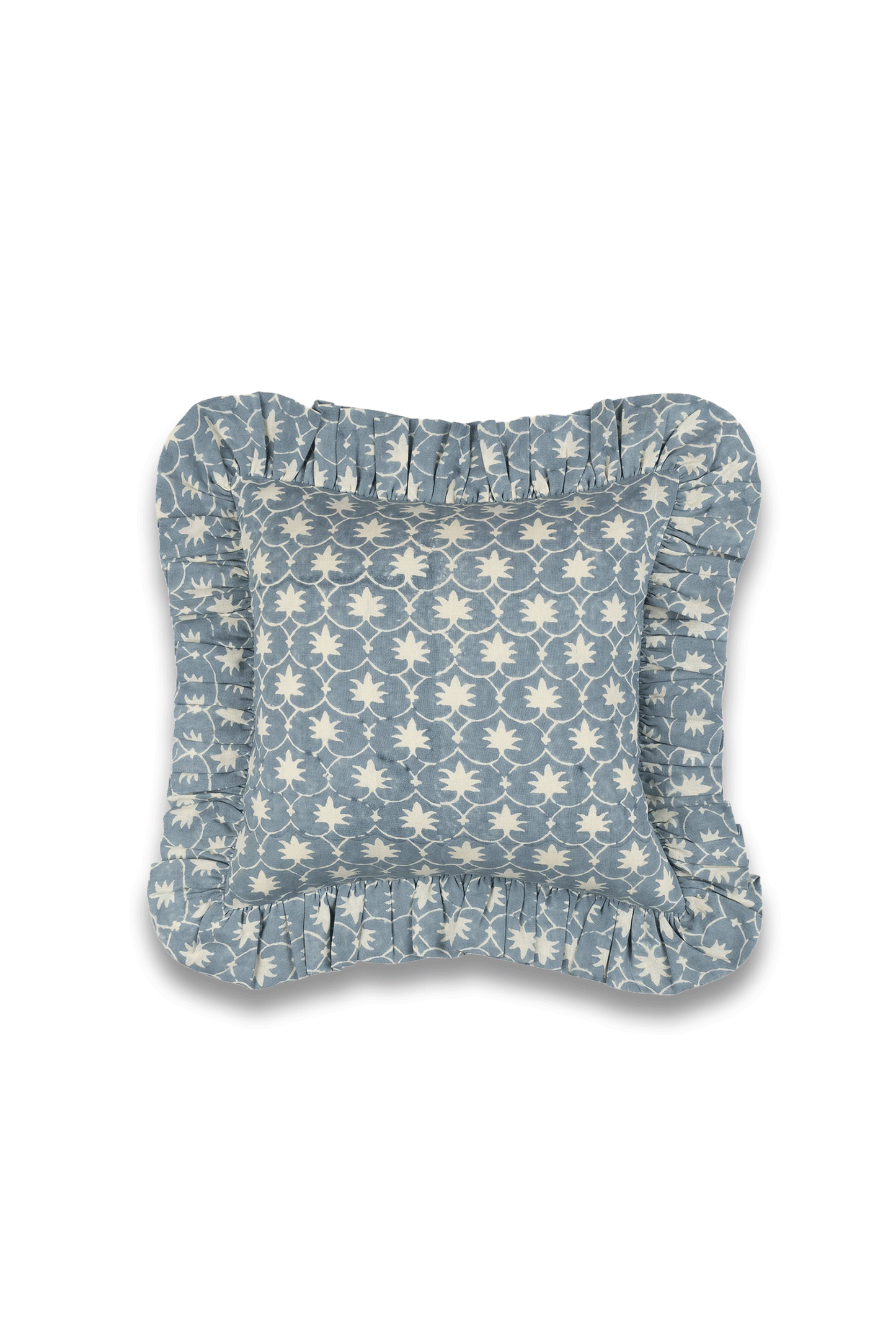 French Blue Inverse Palm Grove Linen Frilly Cushion