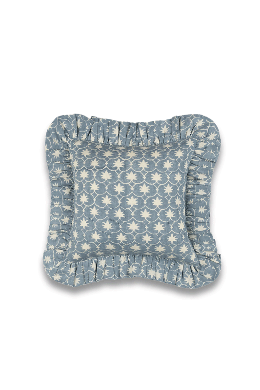 French Blue Inverse Palm Grove Linen Frilly Cushion