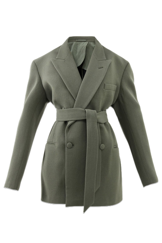 Exaggerated Recycled Wool-Blend Tux Blazer-Khaki-green