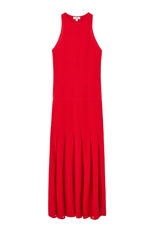 Pleated Racer-neck Maxi Dress