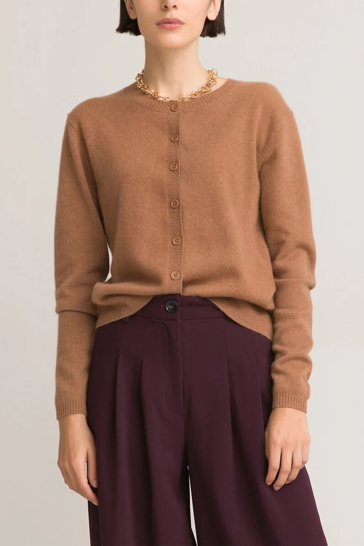 Cashmere Camel Crew Neck Cardigan