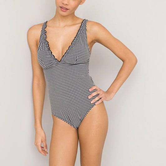 Seersucker Halterneck Swimsuit In Gingham Print