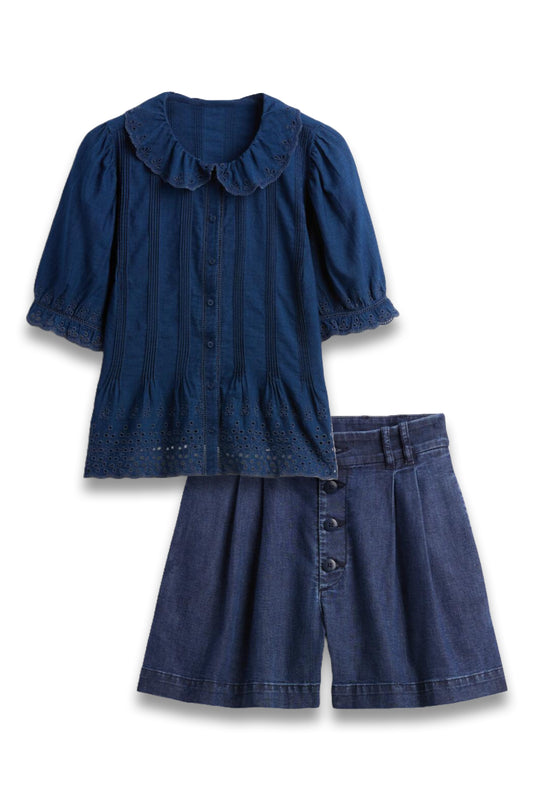 Eyelet Shirt and High Rise Pleated Denim Trouser Shorts