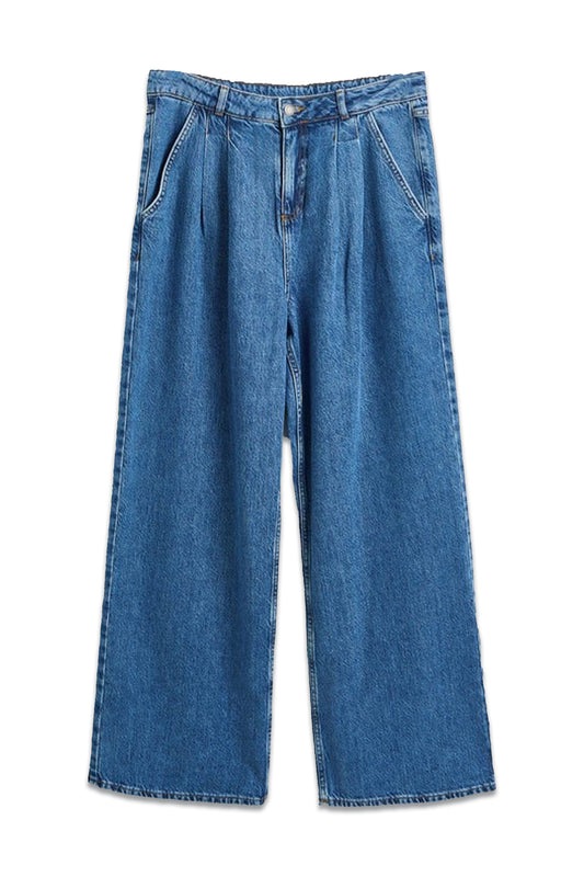 Blue Pleated Wide Leg Denim Jeans