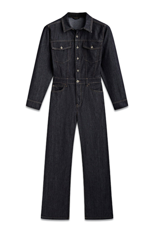 Straight, Rinse Wash Denim Jumpsuit with Topstitching