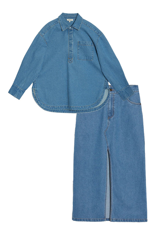 Denim Over the Head Shirt and Midi Skirt