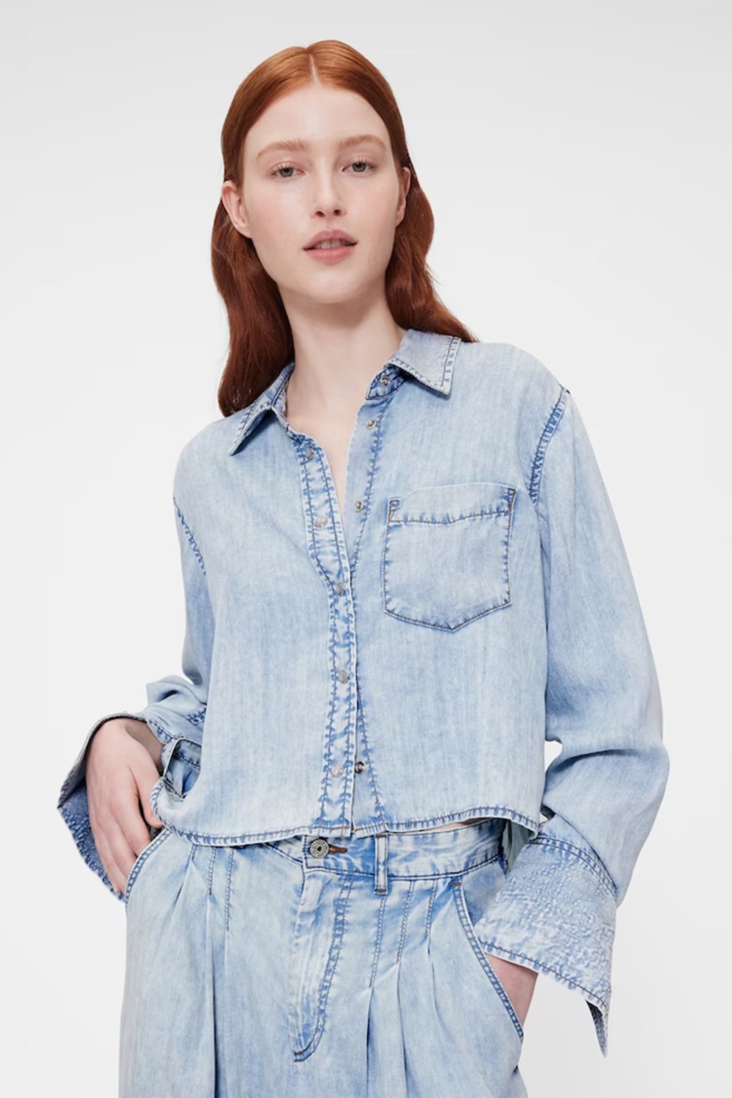 Blue Draped Denim Crop Shirt