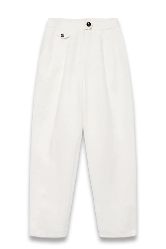 White Linen Blend Barrel Trousers