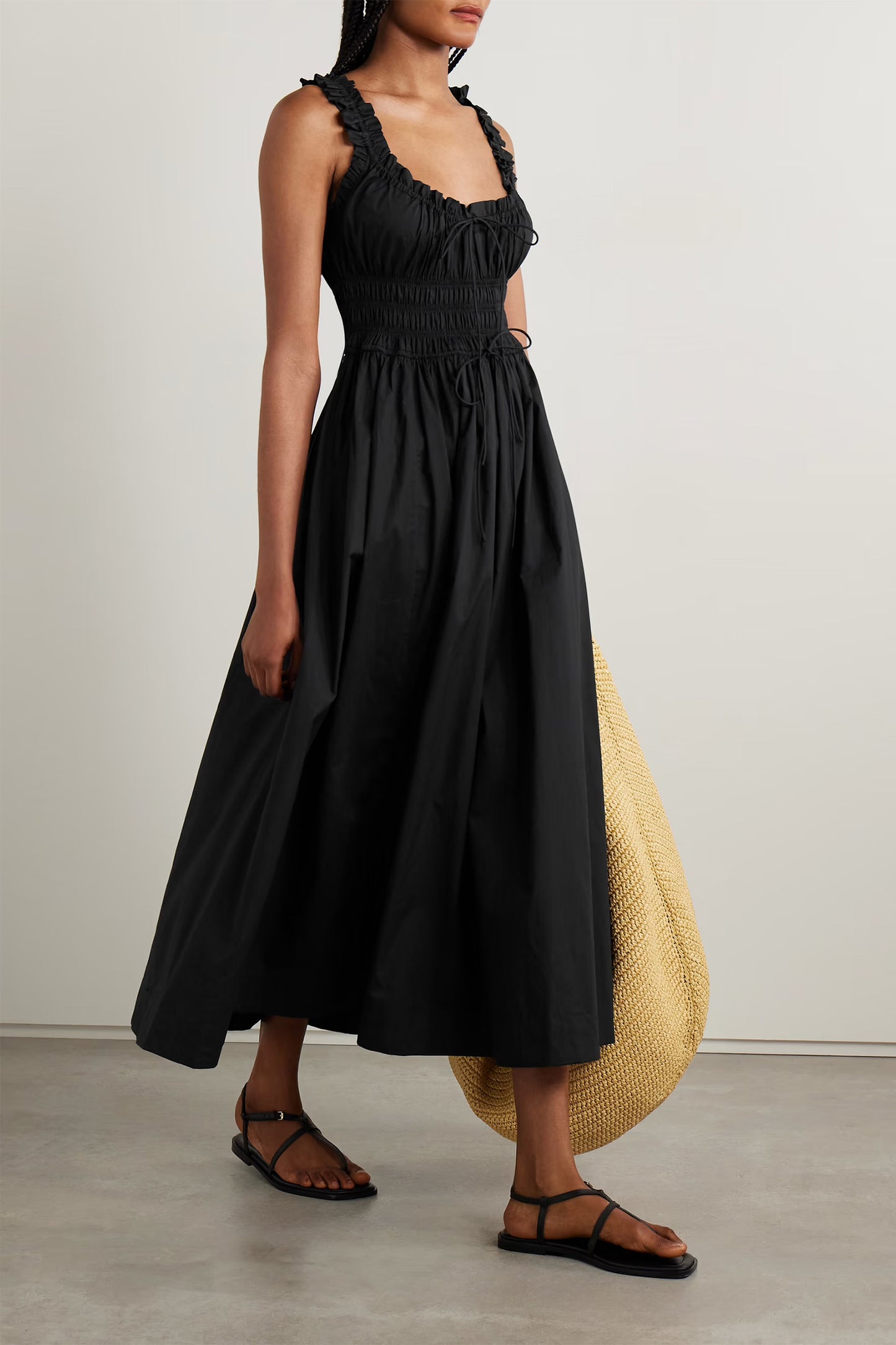 Black Emmaretta Tie-Detailed Shirred Organic Cotton-Voile Midi Dress