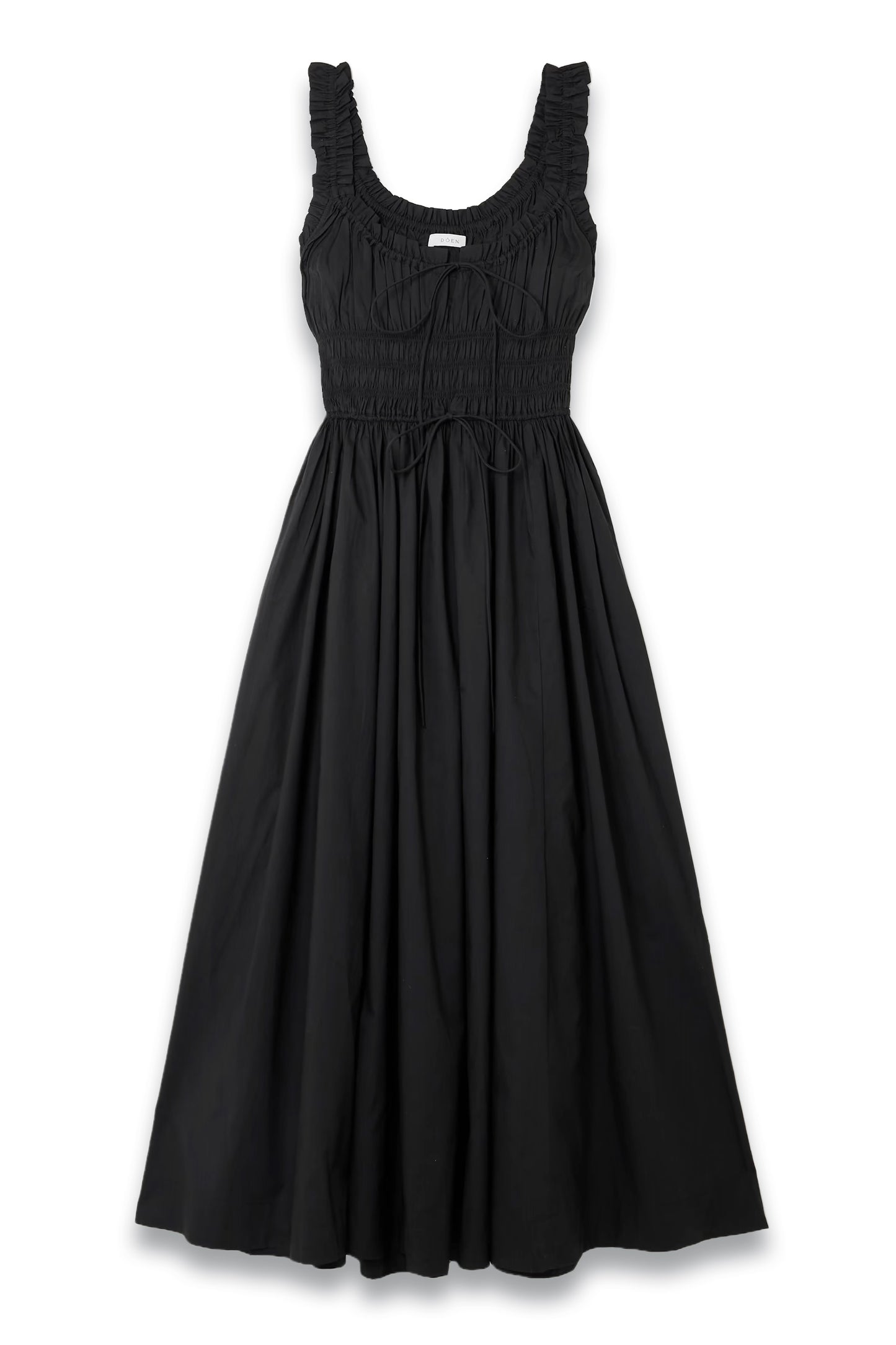 Black Emmaretta Tie-Detailed Shirred Organic Cotton-Voile Midi Dress
