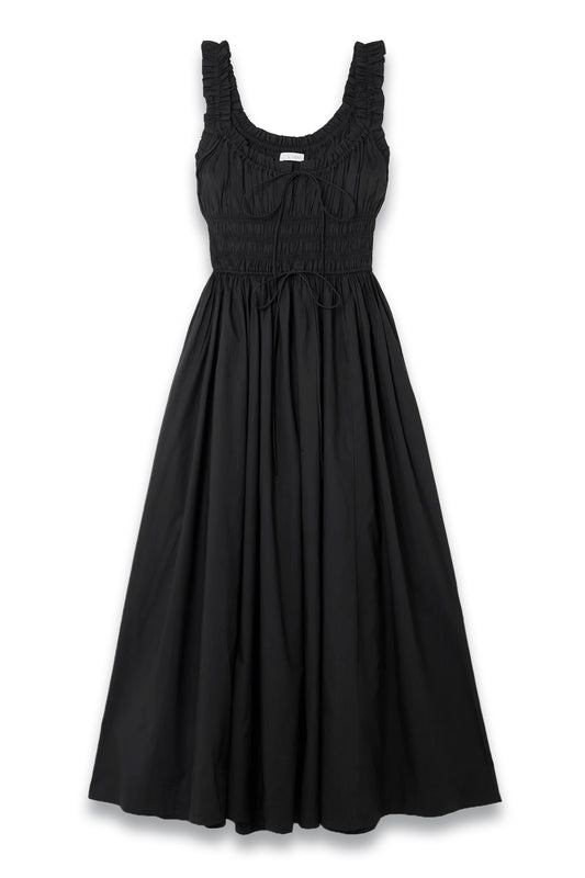 Black Emmaretta Tie-Detailed Shirred Organic Cotton-Voile Midi Dress